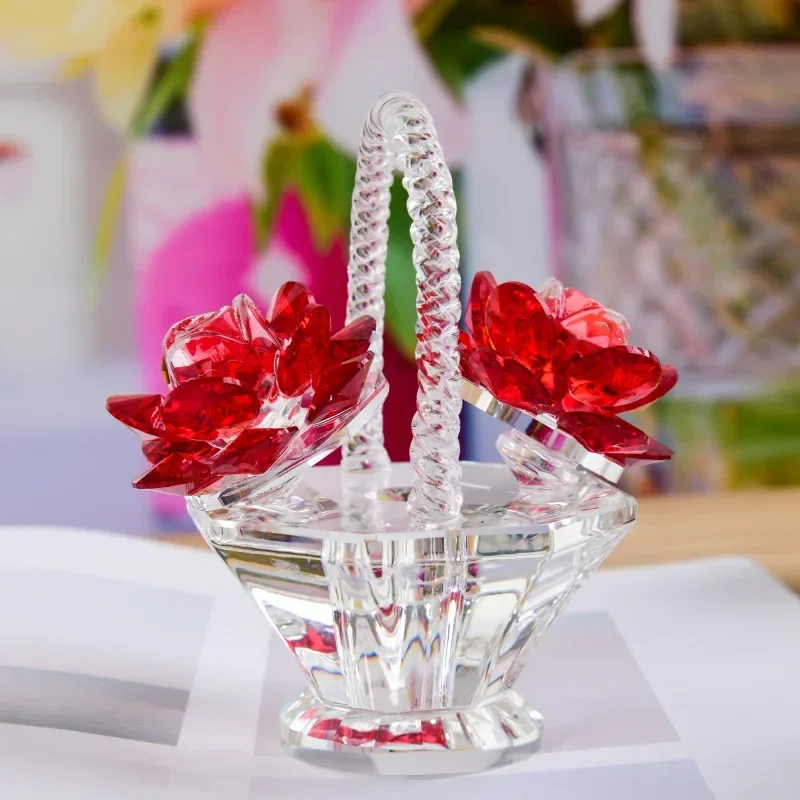 

Crystal Red Rose Flower Basket Figurine Art Glass Collectible Small Craft Gift Dreams Ornament for Home Table Decor