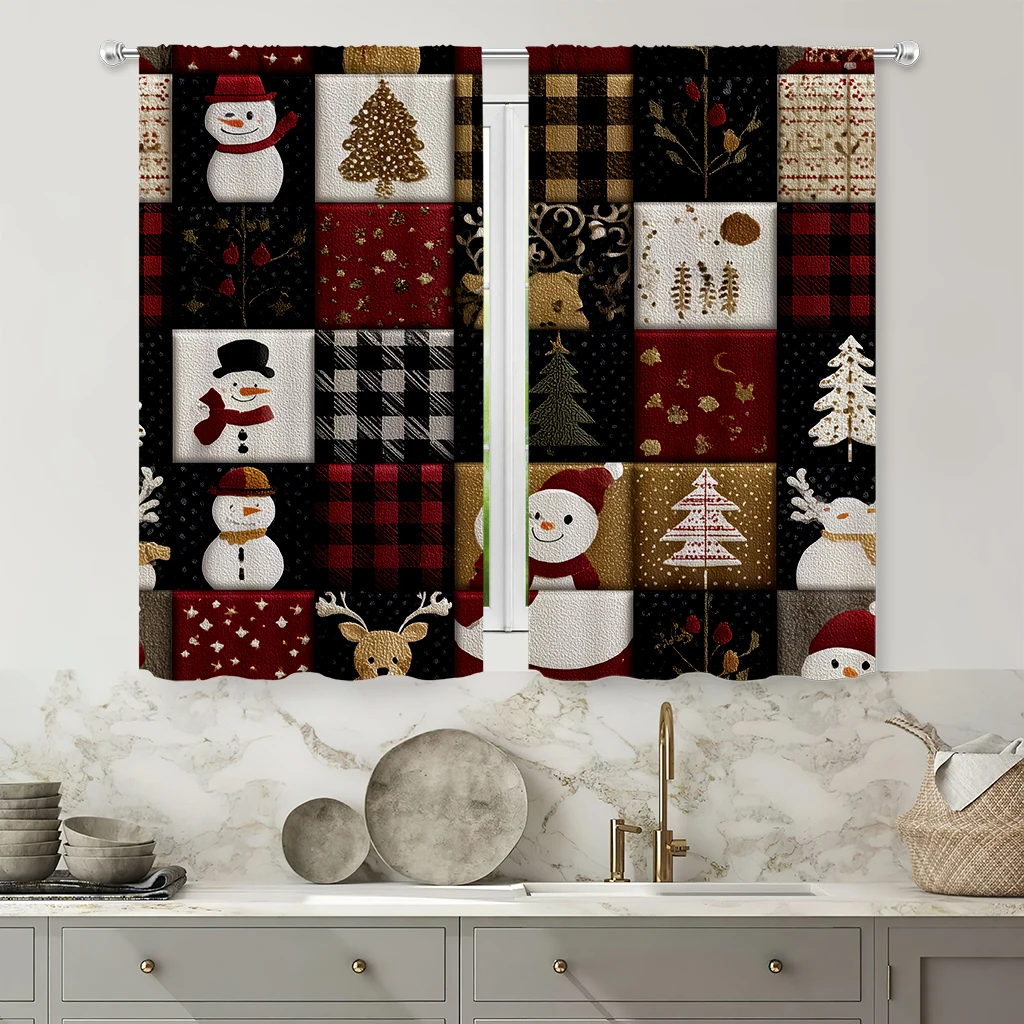 2pcs Christmas Decorative Curtains Featuring Vintage Plaid Prints Of Santa Claus And Snowmen; Festive Decorative Curtains.