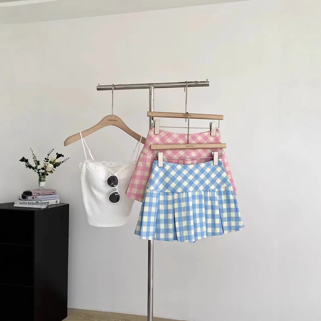 Girls Plaid Pleated Skirt 2026 Spring Summer Korean High‑waist Anti‑exposure Shorts Skirt Sweet Blue Checkered Kids Half Skirt
