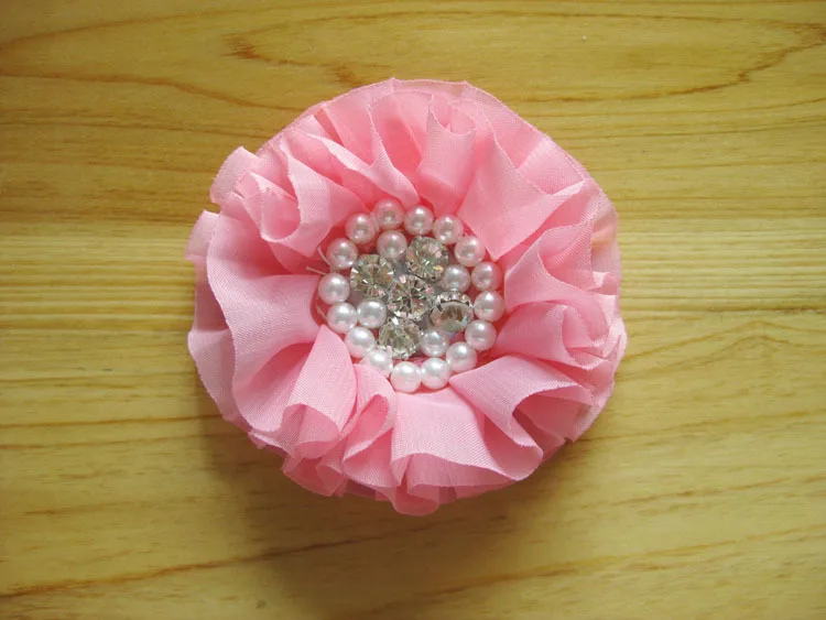 (5 stks/partij) 10 CM 15 Kleuren Trend Vintage Chiffon Bloem Verstoorde Bloem Met Parel Strass Centrum Voor Baby Meisje Haaraccessoires