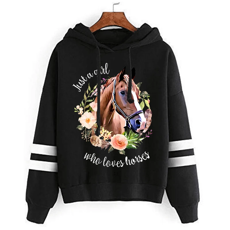 Harajuku Fashion Just A Girl Who Loves A Horse Y2k Hoodies Flower Horse Long Sleeves Women Casual High Street Tracksuit Sweater