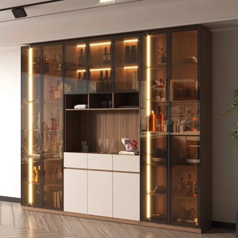 Wine cabinet, small unit living room, wall facing, solid wood and glass cabinet door, integrated storage, light luxury storage