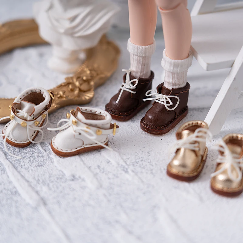 New Ob24 Cow Leather Shoes Fashion Brown Silver Black Martin Boots Shoes With Shoelace For Blyth, Ob22/24, Azone, Licca Doll