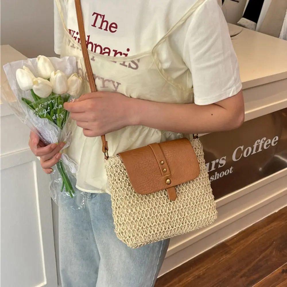 

Bohemian Style Woven Saddle Bag Retro Mobile Phone Bag Straw Crossbody Bag Lightweight Magnetic Button Weave Shoulder Bag Summer