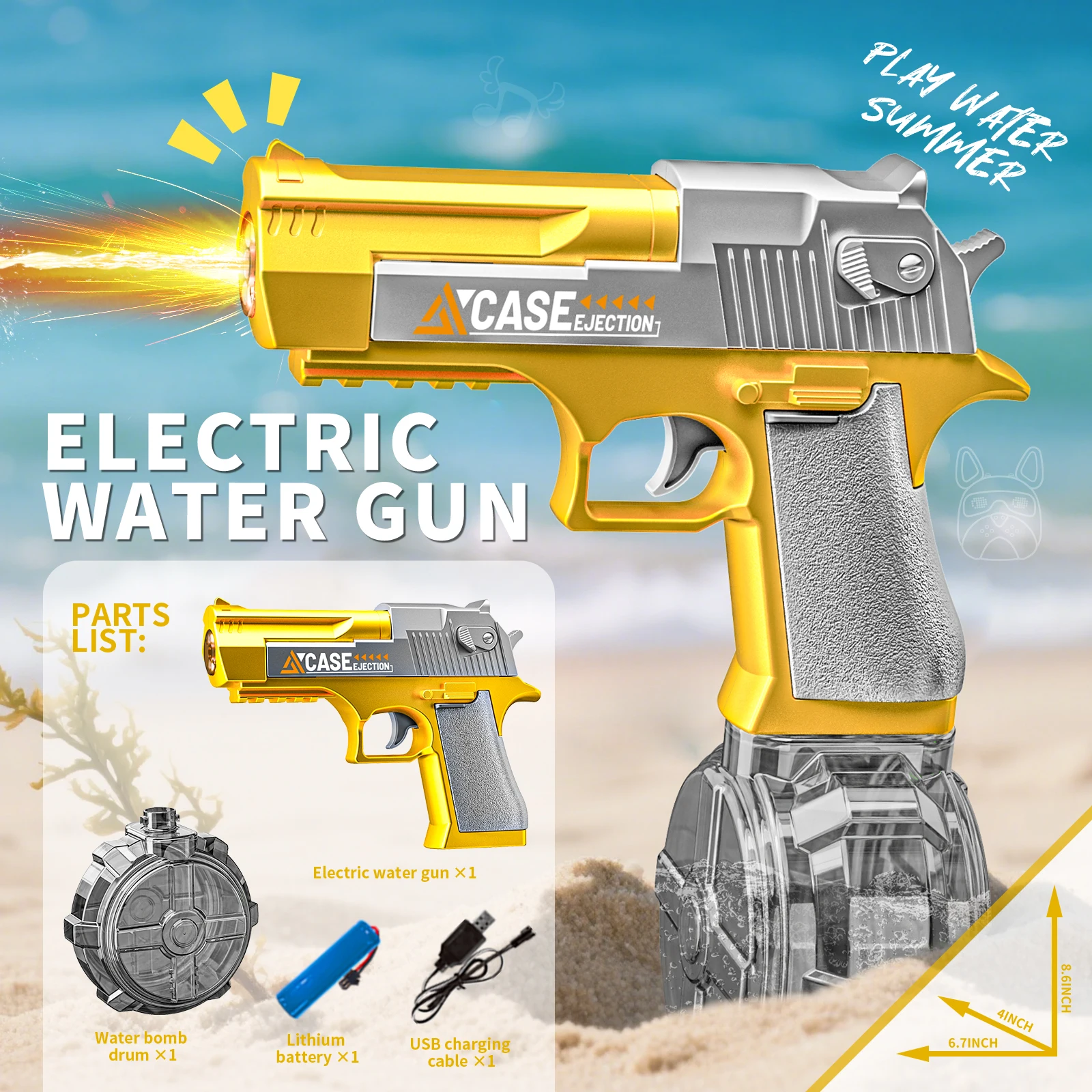 ปืนฉีดน้ำไฟฟ้าและแบบใช้มือ สีทอง แบบอัตโนมัติ พร้อมหัวฉีดแบบปืนพก ให้เอฟเฟกต์เปลวไฟเหมือนจริง ของเล่นสำหรับงานปาร์ตี้ริมชายหาดกลางแจ้งในฤดูร้อน