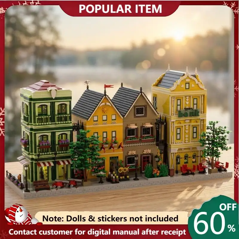 10470PCS MOC Colorful Coastal Street View Building Blocks Colonial Style Architecture Model DIY Assembly Gifts Adults Collection