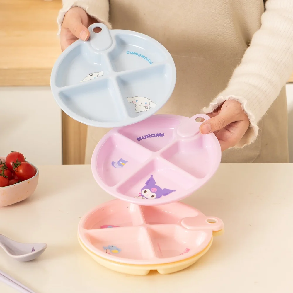 Cartoon Divided Plate Hello Kitty Kuromi My Melody Cinnamoroll 4 Grids Dinner Plate Food Tray Portable Plastic Snack Fruit Plate
