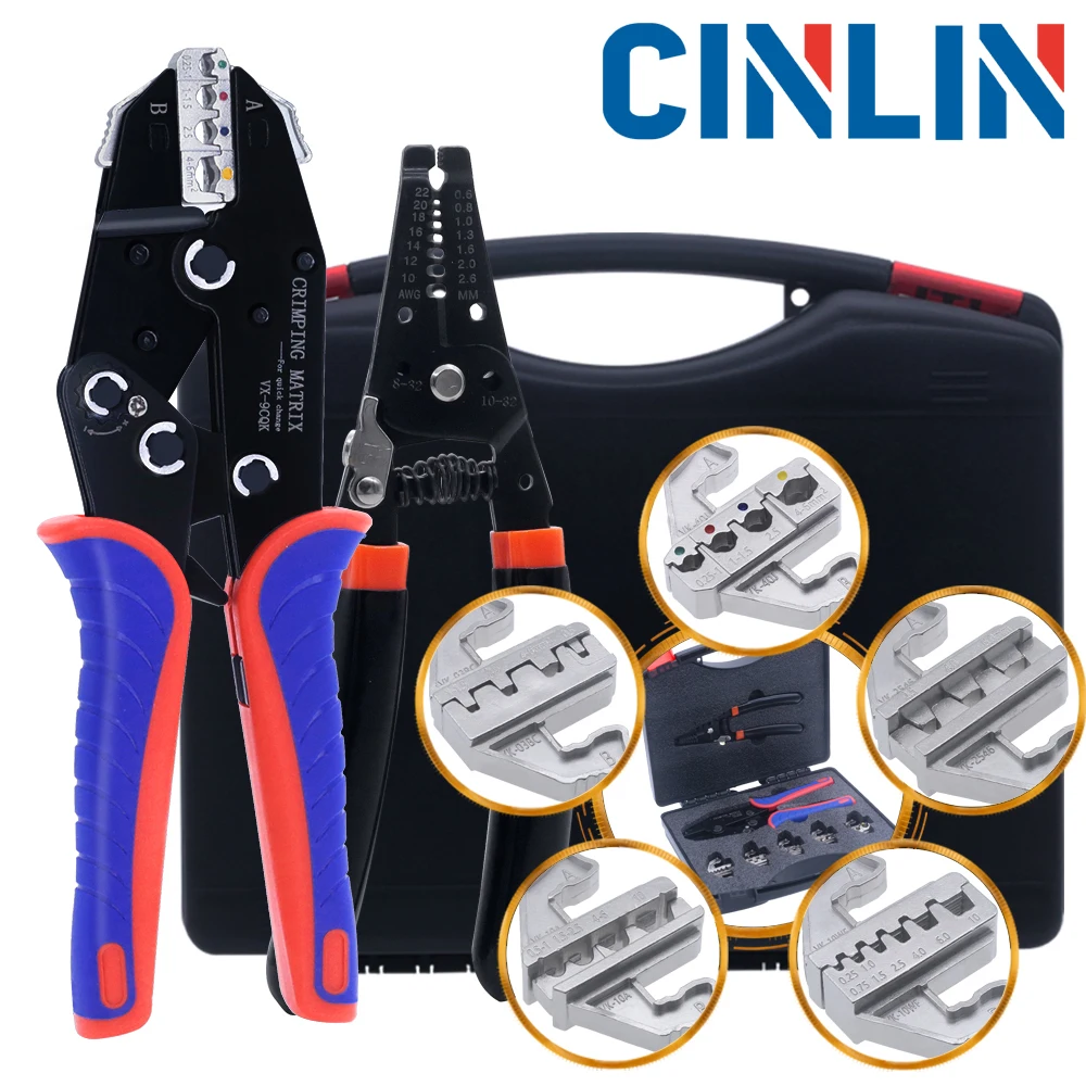 Quick-Change Jaws Crimping Pliers Versatile Crimping Tool Kit With 5 Interchangeable Crimp dies and Wire strippers With Toolbox