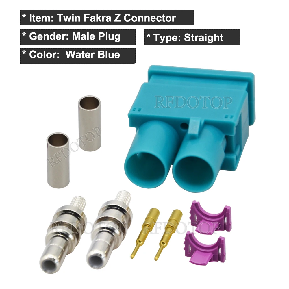 Water Blue Twin Fakra Z Male Plug Dual Fakra II SMB Connector Crimp for RG316 / RG174 Cable Pigtail 50 Ohm RF Coaxial Connectors