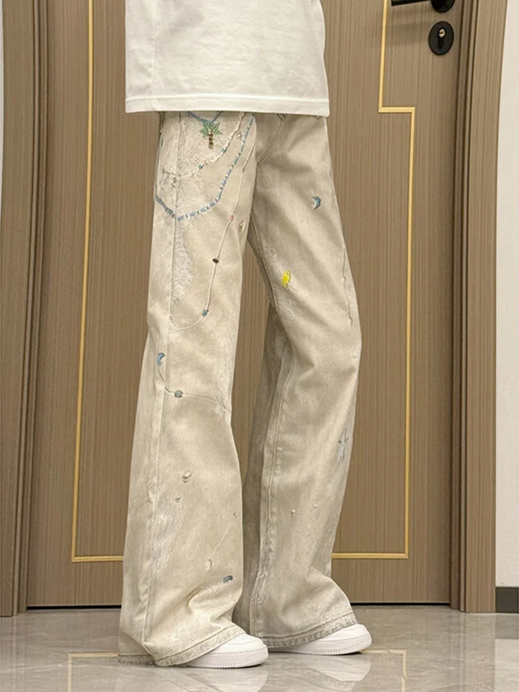 

Washed Vintage 3D Chain Digital Print Straight Leg Jeans American West Coast High Street Vibe Wide Leg Denim Pants