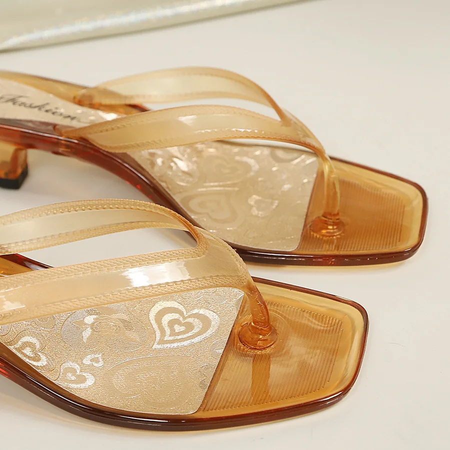 Elegant Party Mini Kitten Heel Jelly Mules Women Transparent PVC Square Toe Flip Flops Woman Slip On Clear Thong Slides Sandals