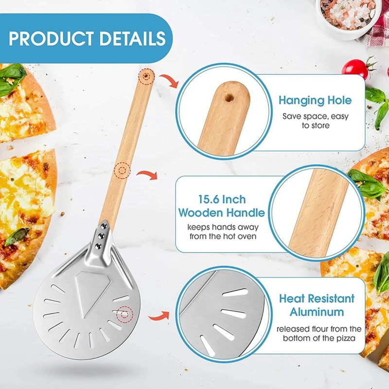 

ABHZ-Aluminum Perforated Pizza Peel Metal Round Pizza Paddle Non Slip Wooden Handle Pizza Spatula