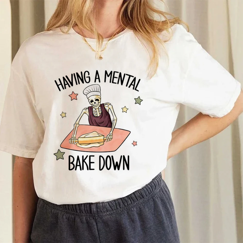 

T-Shirt Funny Having A Mental Bake Down Skeleton Pattern Fashion Short Sleeve Cute T-Shirt Printed O-Neck Large Size T-Shirt