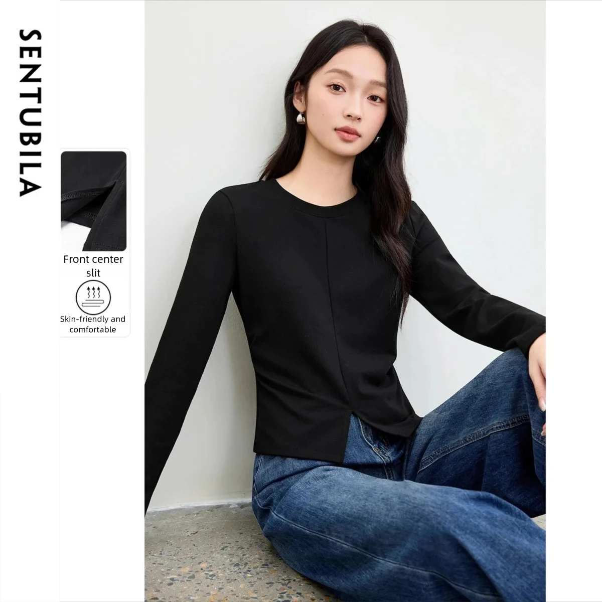 

SENTUBILA Shirt 2025 Fall New Design Friend-Skin Slim Fit Basic Top for Women Split Hem Long Sleeve Popular Clothes 153SF2503
