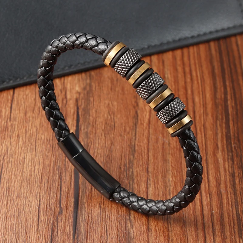 New Style Male Bracelet with Stainless Steel Beads Punk Braided Leather Bracelets Jewelry for Men 2022 Surprise Gift