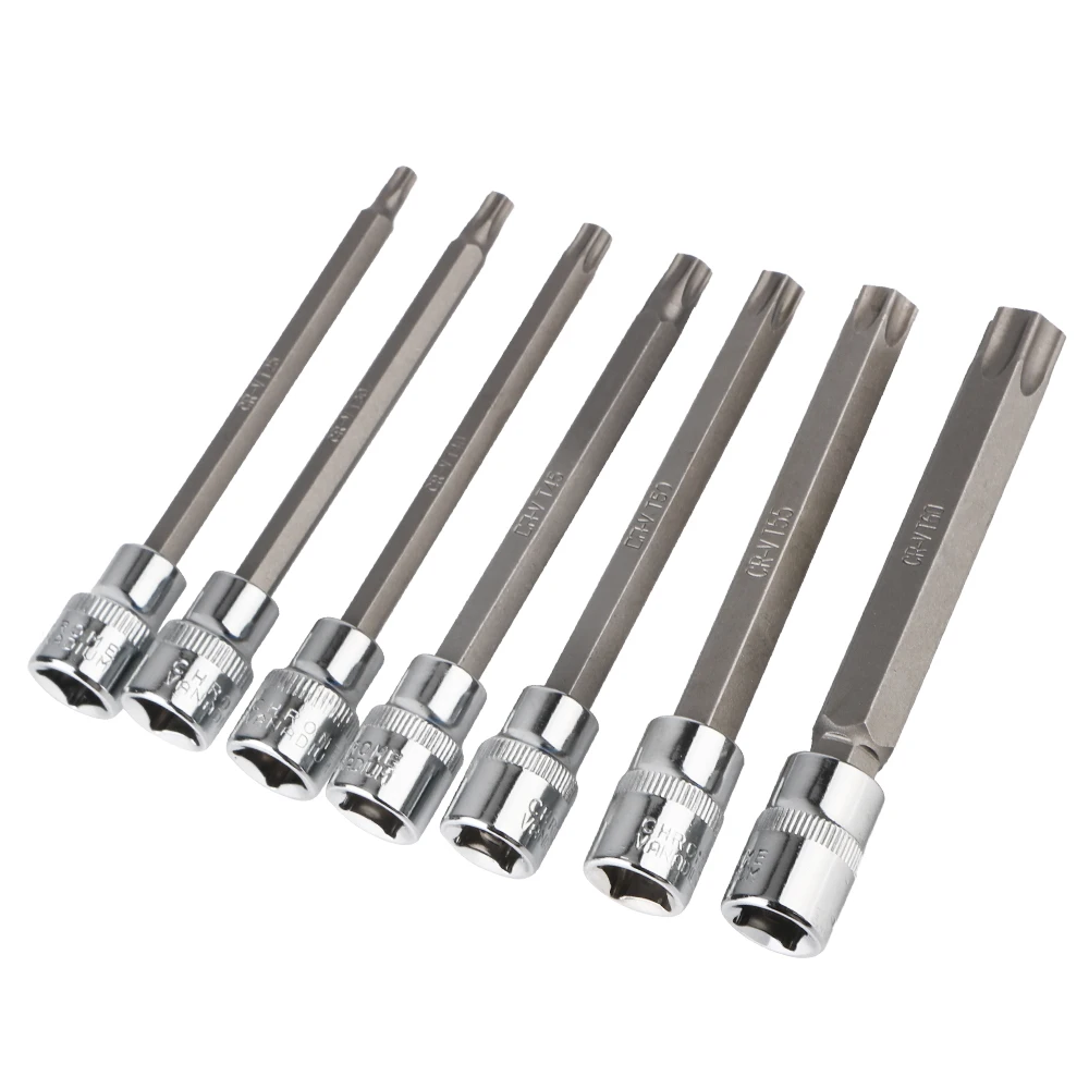 Chrome-Vanadium Steel 3/8inch Torx Star Bit Socket Set T25, T30, T40, T45, T50, T55, T60 Size 7Pcs Drive Extra Long