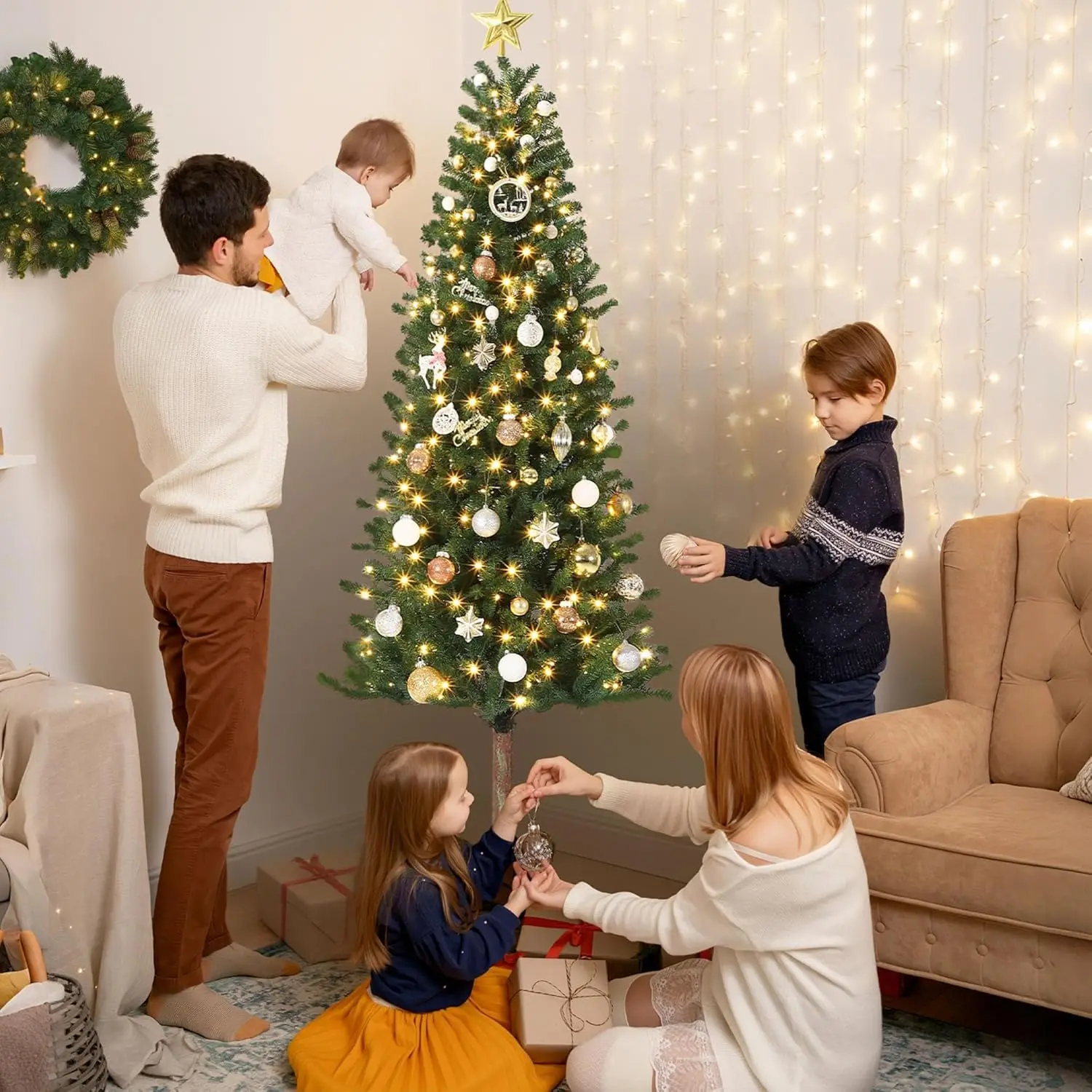 

Pencil Christmas Tree Pre-lit Alpine Slim Holiday Decoration, Lighted Skinny Décor LED Lights, Metal Stand, 7.5 ft Xmas Tree for