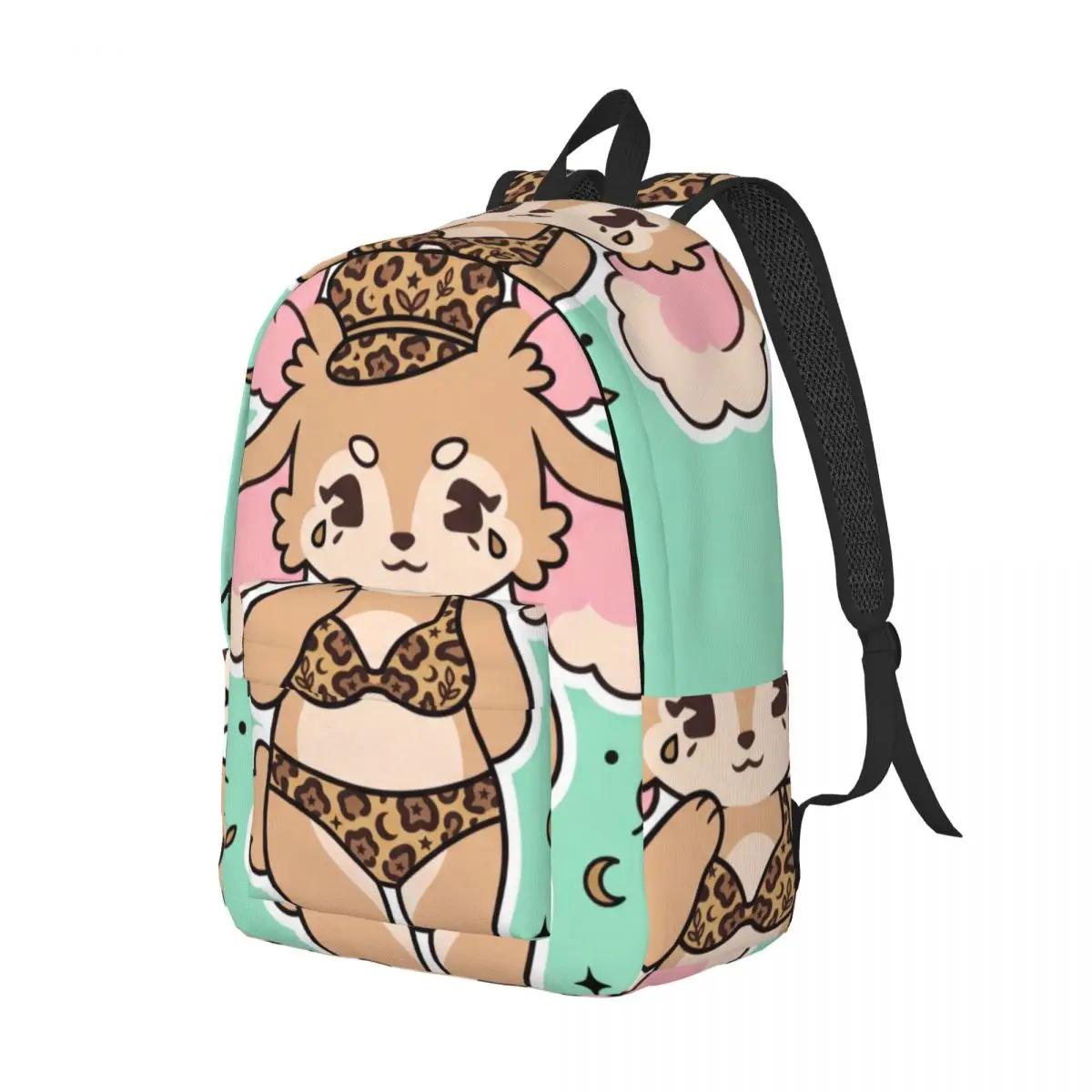 Cartoon Print Student Backpack Center Leopard Character Y2K Cute Mint Green Multi Color Sweet Bookbag for Girls Teens Daily Gym