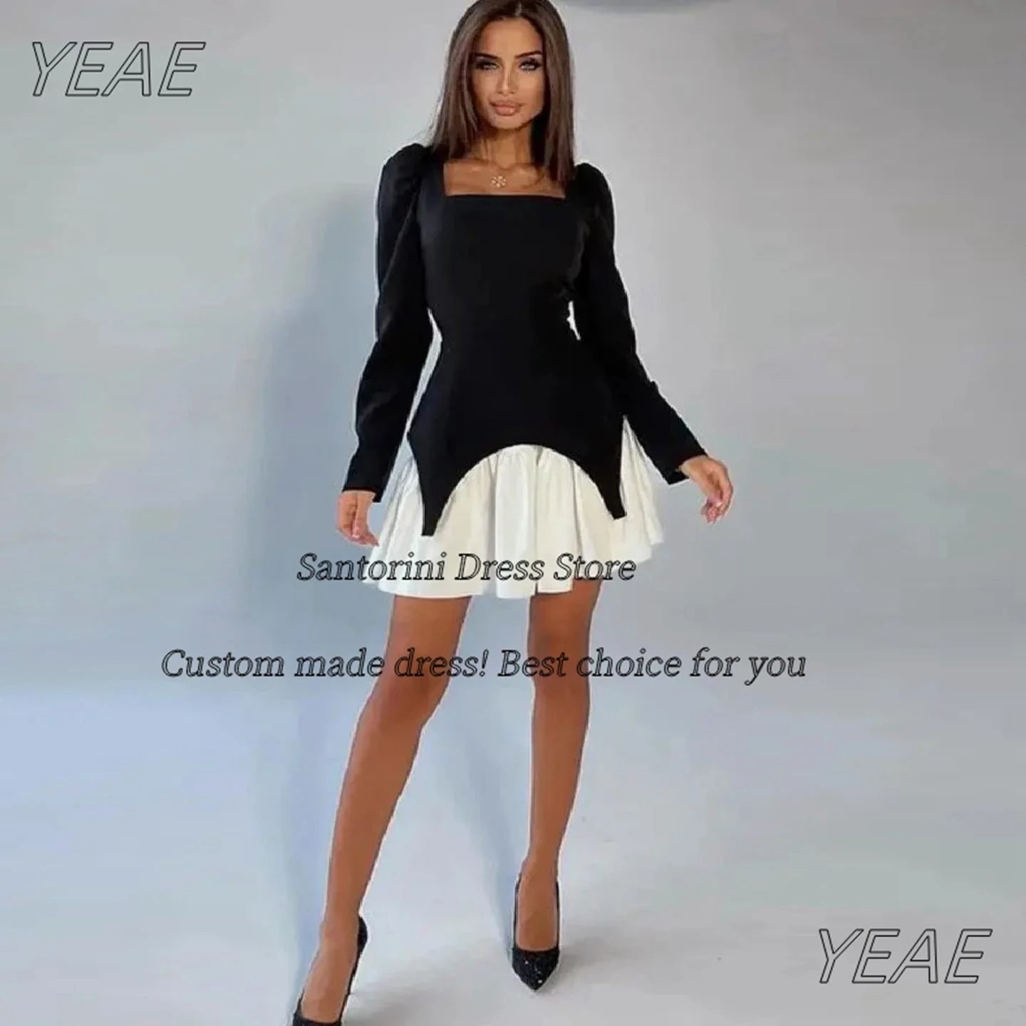 

Santorini 2025 Short Prom Dresses Black&White Mini Robe Des Cocktail Party Dress Long Sleeves Bespoke Occasion Gowns Customized