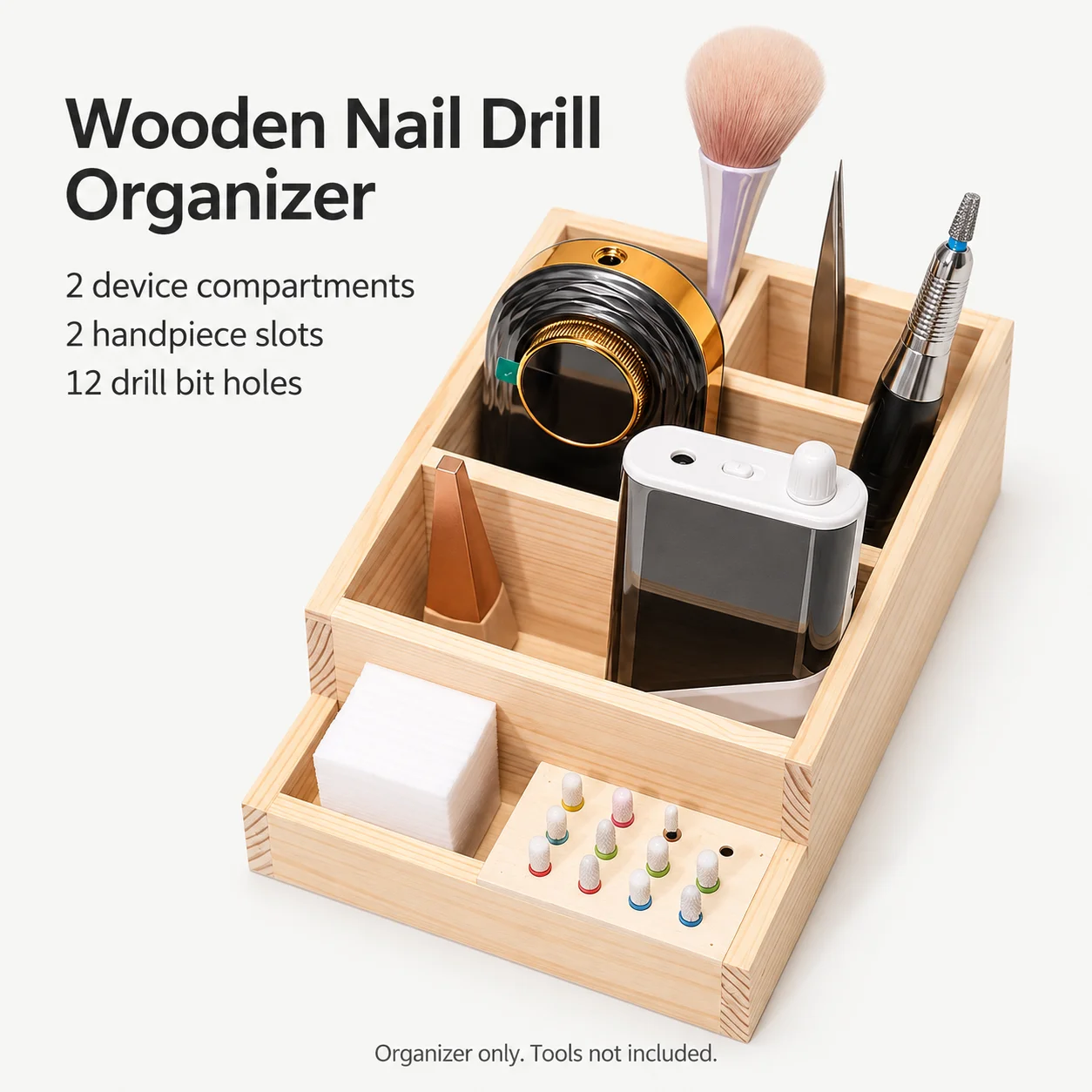 Nail Tool Storage Box in Natural Wood with Divided Compartments 12 Drill Bit Holes and Front Wipe Tray for Salon or Home Use