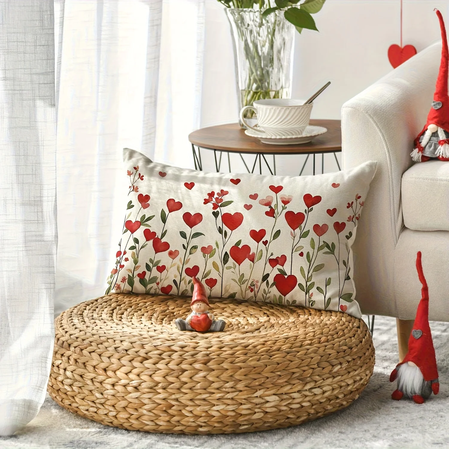 1pc Red Heart Flower Field Printed Lumbar Pillow Cover,Suitable for Sofa,Bedroom,LivingRoom,Wedding Room,Healing Gift for Lovers