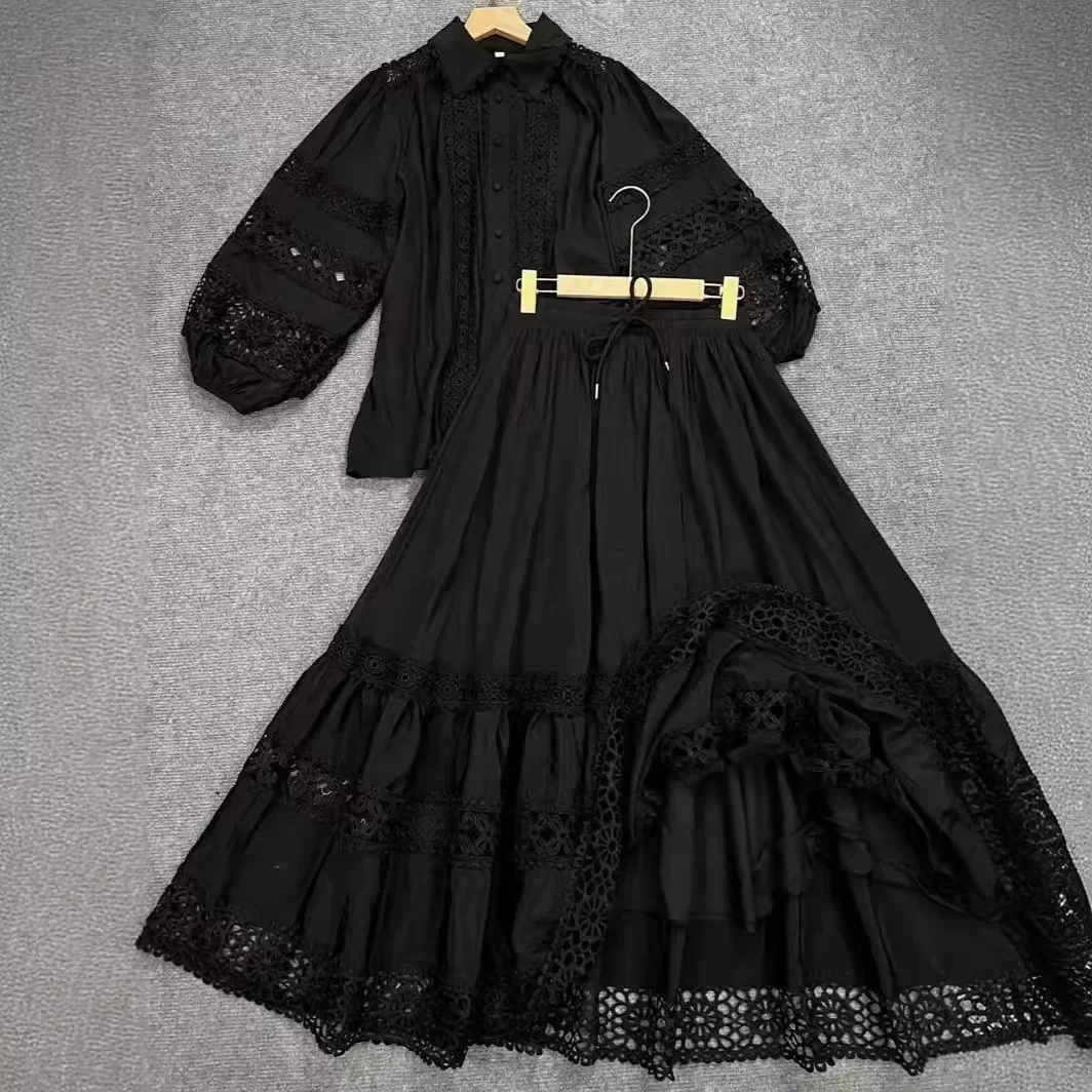 2024 Fashionable versatile lapel patchwork lace lantern sleeve shirt+high waisted skirt set two piece sets womens outifits