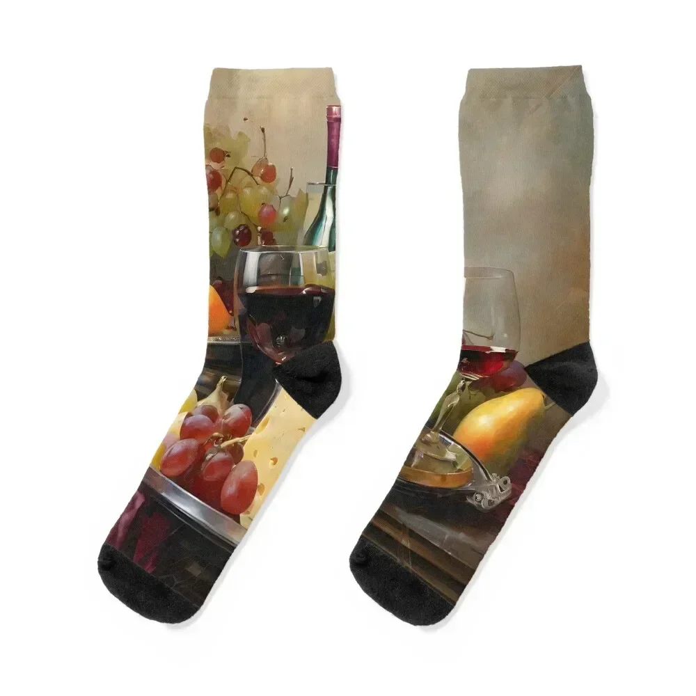 

Painting still life cheese plate with fruits and red wine Socks man japanese fashion new in's Socks Man Women's