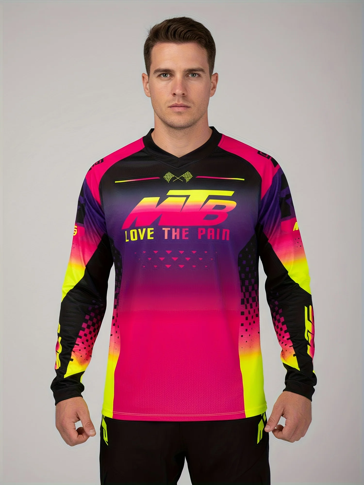 2026 Spring and Autumn MTB Casual Long-Sleeved T-shirt for Men AND Women Fashionable and Trendy V-Neck Motorcycle T-shirt