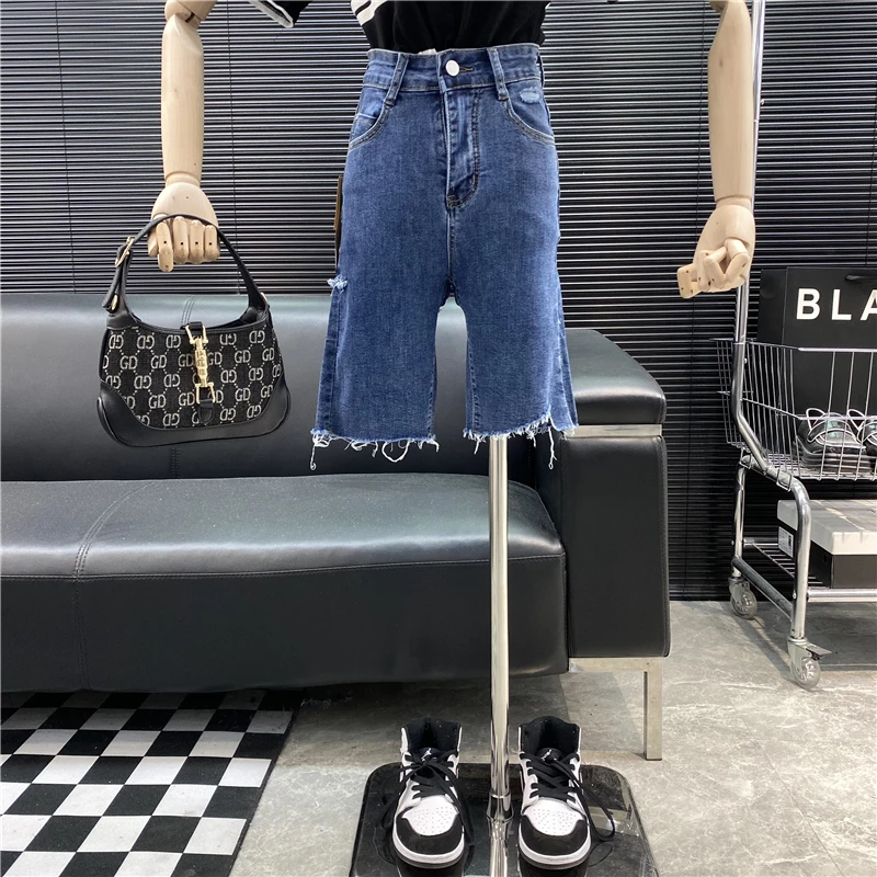 New 2022 fashion Designer Famous brand Women Retro Irregular High waist Straight denim shorts Casual Versatile Middle pants