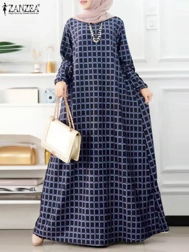 Women Autumn Plaid Checked Dresses Fashion Muslim Turkey Abaya Hijab Sundress ZANZEA Bohemain Long Sleeve Loose IsIamic Robe