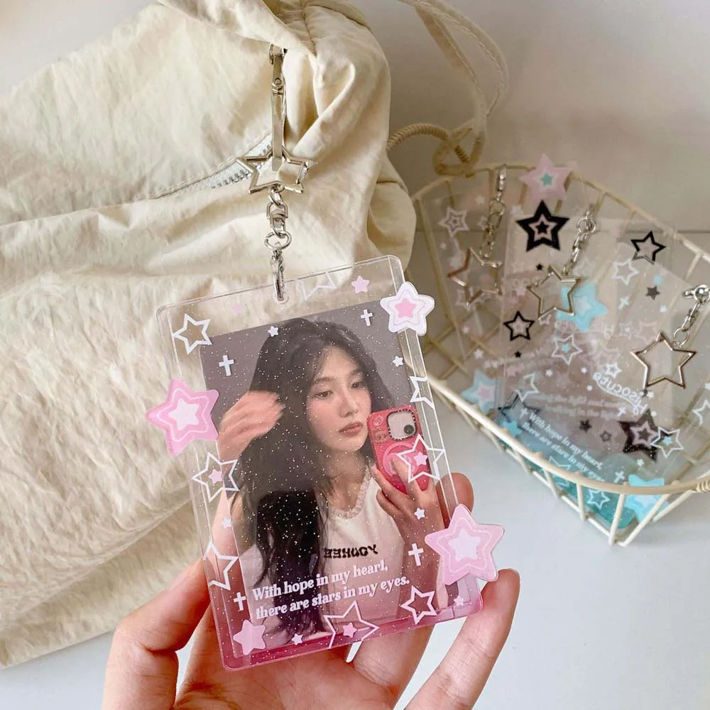 With Keychain Korean Style Card Holder Transparent Star Card Case Student Card Cover Polaroid Photo Acrylic ID Card Holders