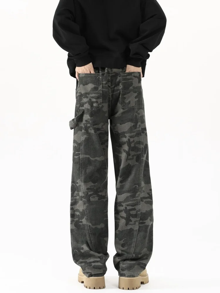 

Camouflage Workwear Pants Men's Design Sense Patchwork American Vibe Logging Straight Leg Loose Wide Leg Long Trousers