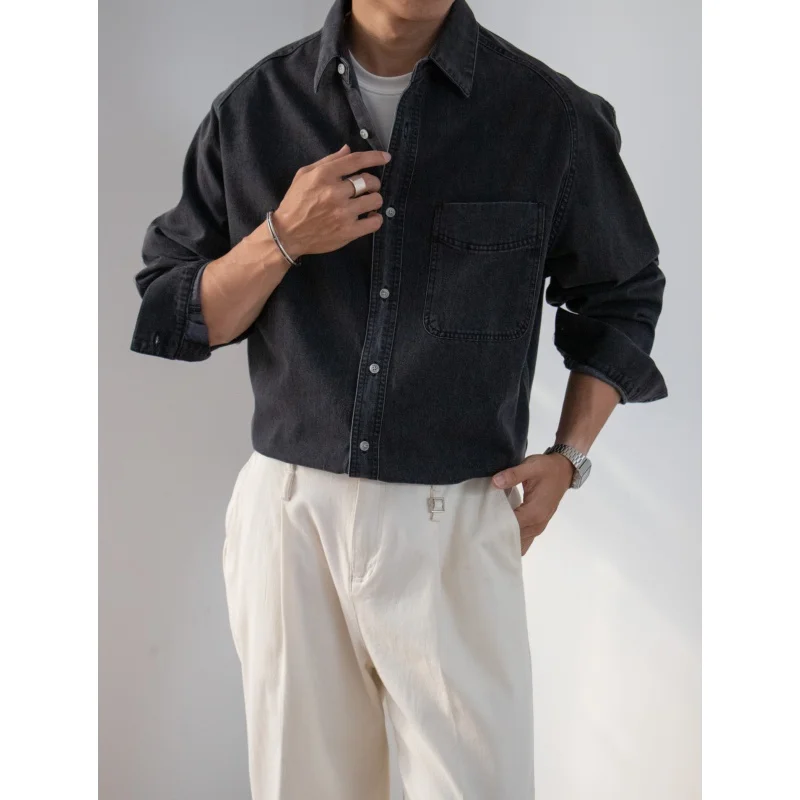 Men Washed Denim Shirt Autumn Winter Denim Workwear Japanese Style Long Sleeve Coat With Pocket