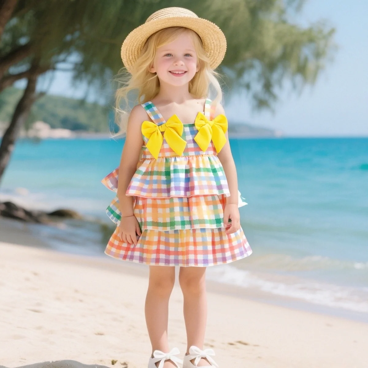 

Birthday Dress Baby Gir Summer New Suspender Plaid Baby Clothes Sweet Colour Bow Pleat Elegant Girl Party Dress