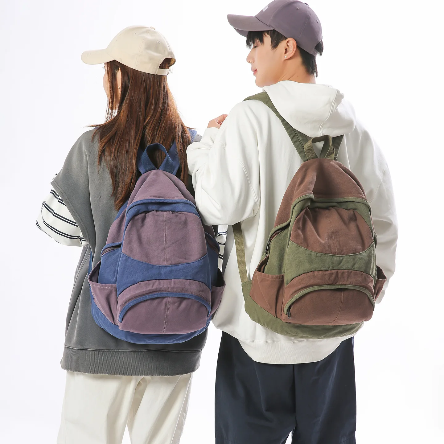 Canvas Backpack Color-block Spliced Backpack Leisurely Commuting Fashionable Comfortable All-matching Stitching Student