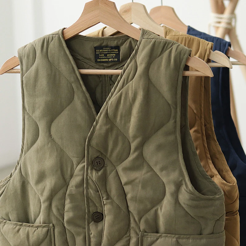 Vintage Amekaji kamizelka mężczyźni jesienno-zimowa nowy dekolt w serek multi-pocket pikowania kamizelka styl wojskowy łąkotka bawełniana kamizelka myśliwska