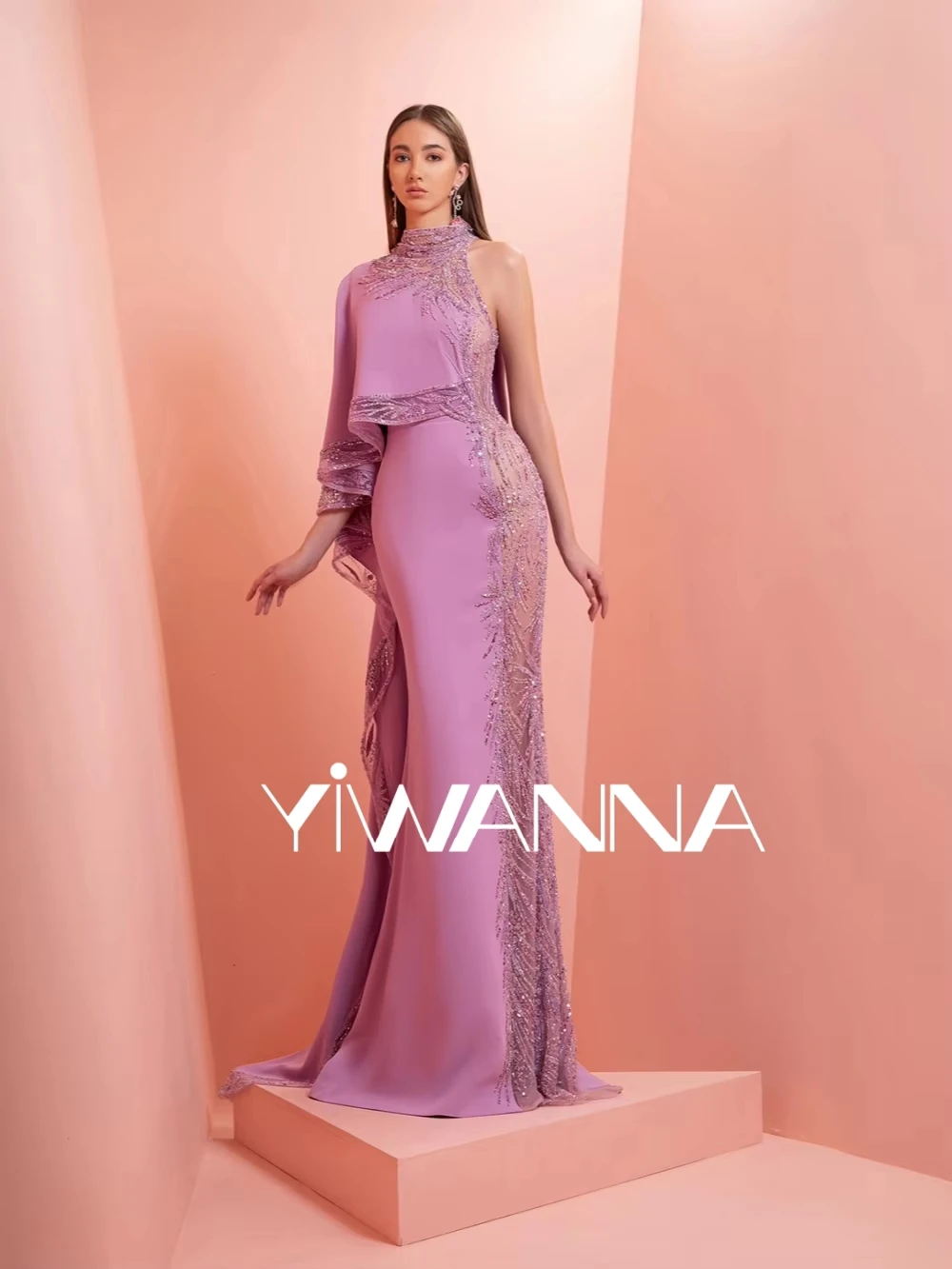 

Фиолетовое кружевное вечернее платье с вышивкой бисером и высоким воротником на одно плечо, свадебное платье, новые элегантные платья для выпускного вечера по индивидуальному заказу