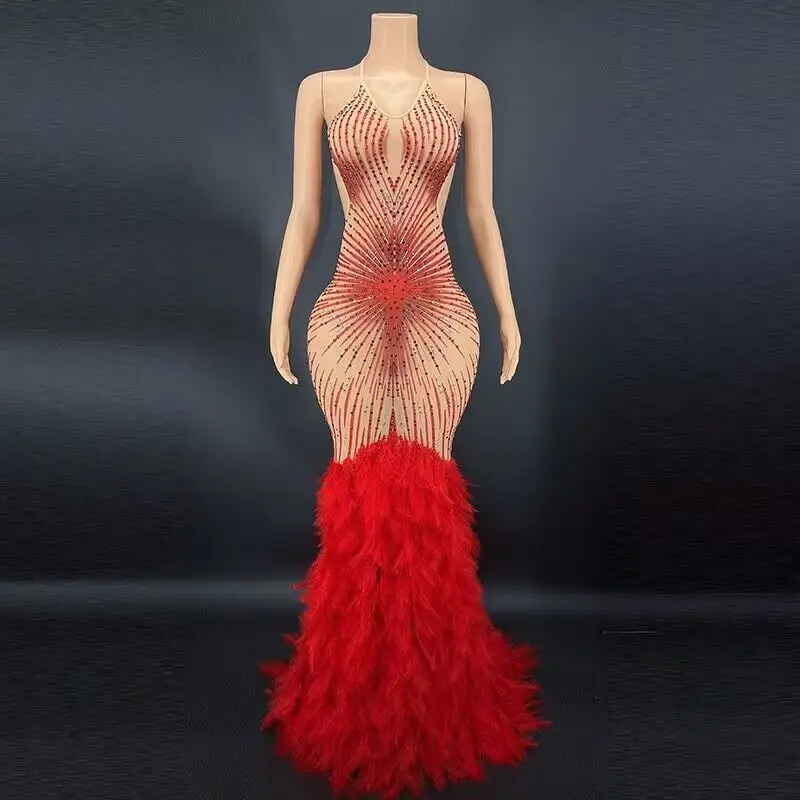 Luxury Feathered Women Prom Dress Sexy Illusion Beads Evening Dresses Real Images Pageant Party Gown Robe De Soriee