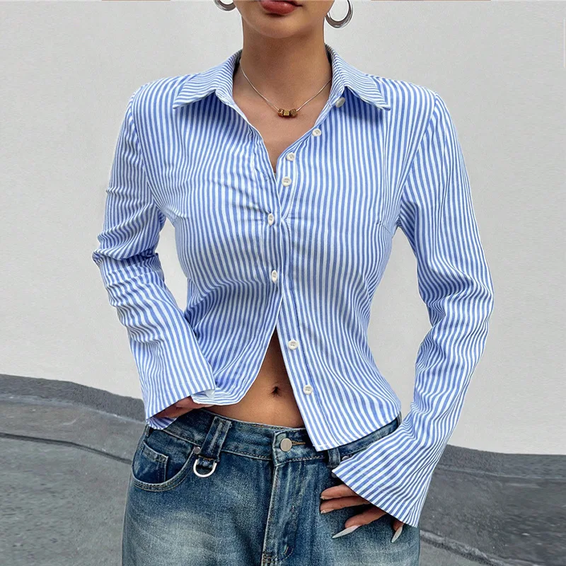 

Women Shirt spring Autumn Polo Neck blue stripe button Long Sleeve Workwear Office Lady Casual slim Cardigan Blouse short Shirts