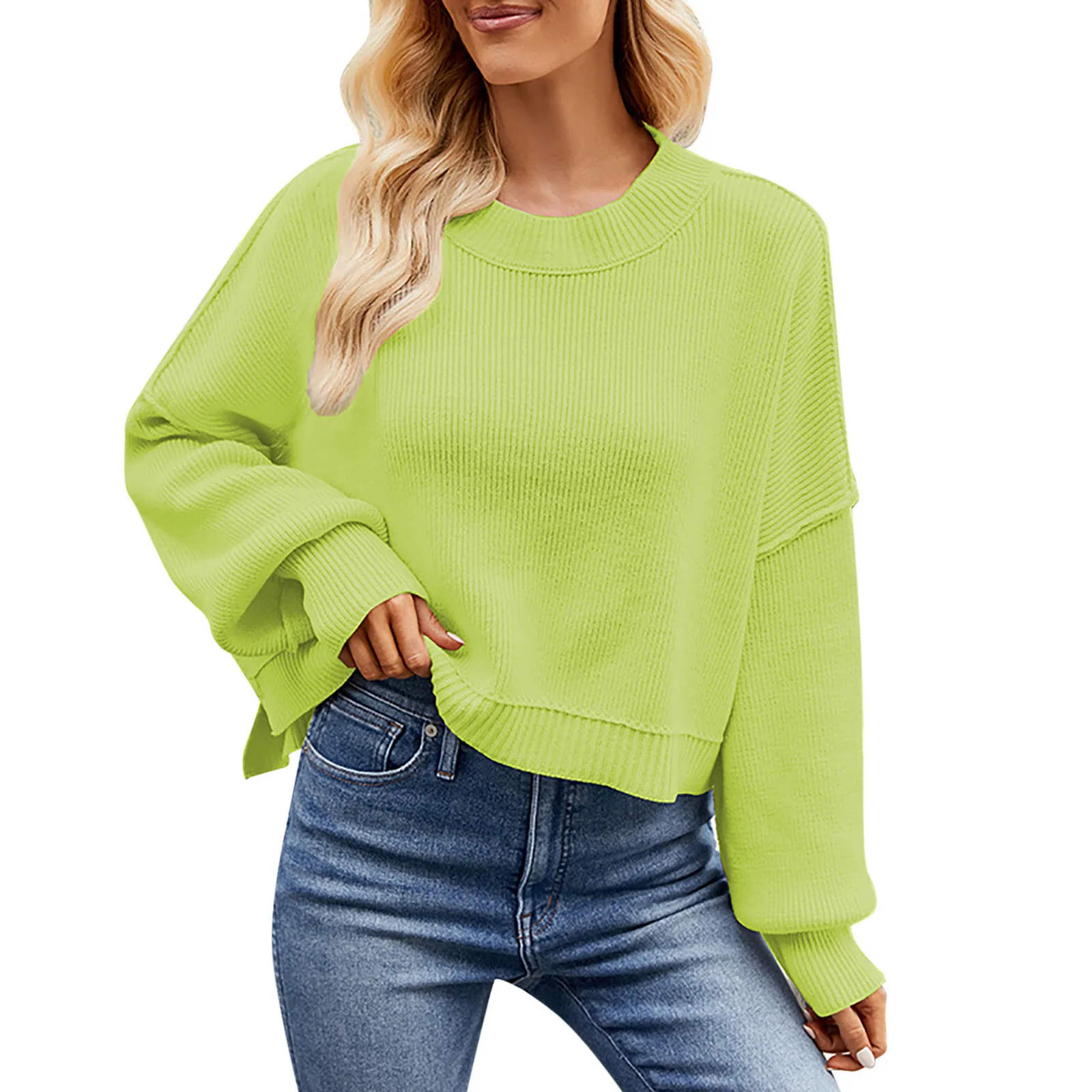 

Women's Knitted Cropped Sweaters Loose O Neck Chunky Sweater Women Pullover Sweaters for Women Athletic Light Sweater for Women