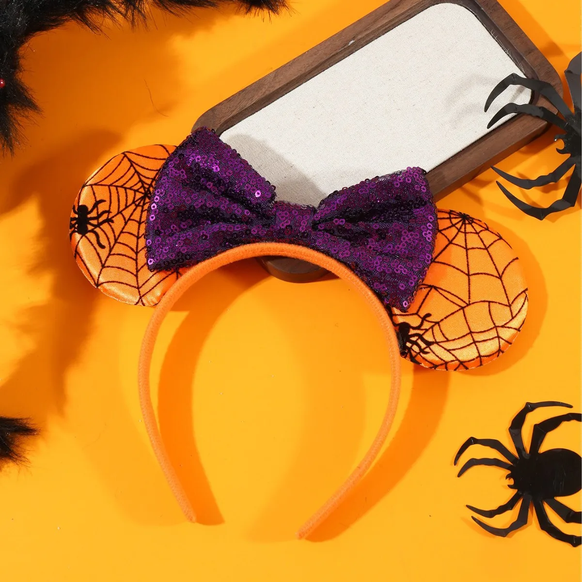 Miniso 할로윈 프린트 거미줄 호박 Screwt 귀여운 Q 버전 미키 귀 활 머리띠 헤어 액세서리