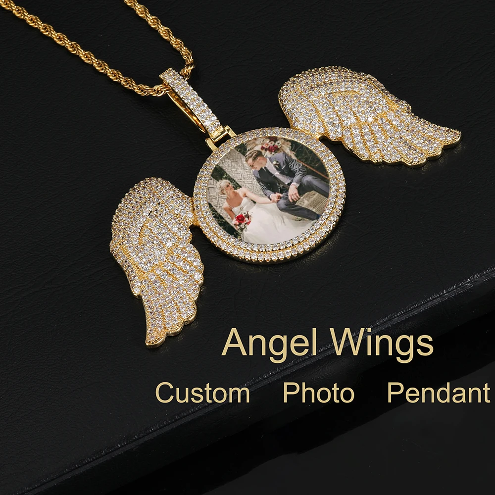 

Hip Hop Memorial Custom Photo Necklace For Men Personalized With Angel Wings Pendants Trays Picture