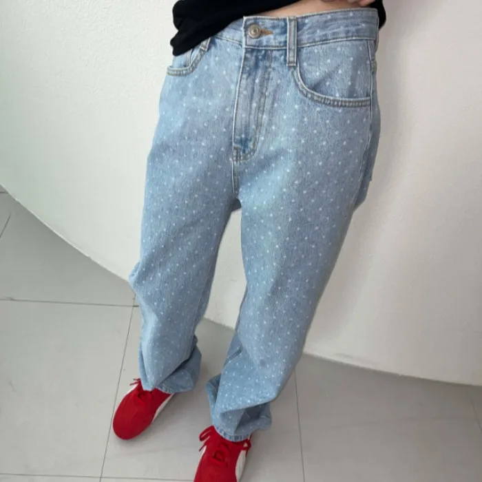 

High Waist Polka Dot Loose Straight Leg Slimming Denim Jeans Women's Faion Korean Sle Spring Autumn Winter Casual Wear