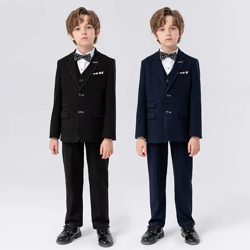 Boys Slim Fit Suits Formal Wear Children Teenagers Groomsman Performance Host Clothes Kids Plaid Blue Black Party Full Dress