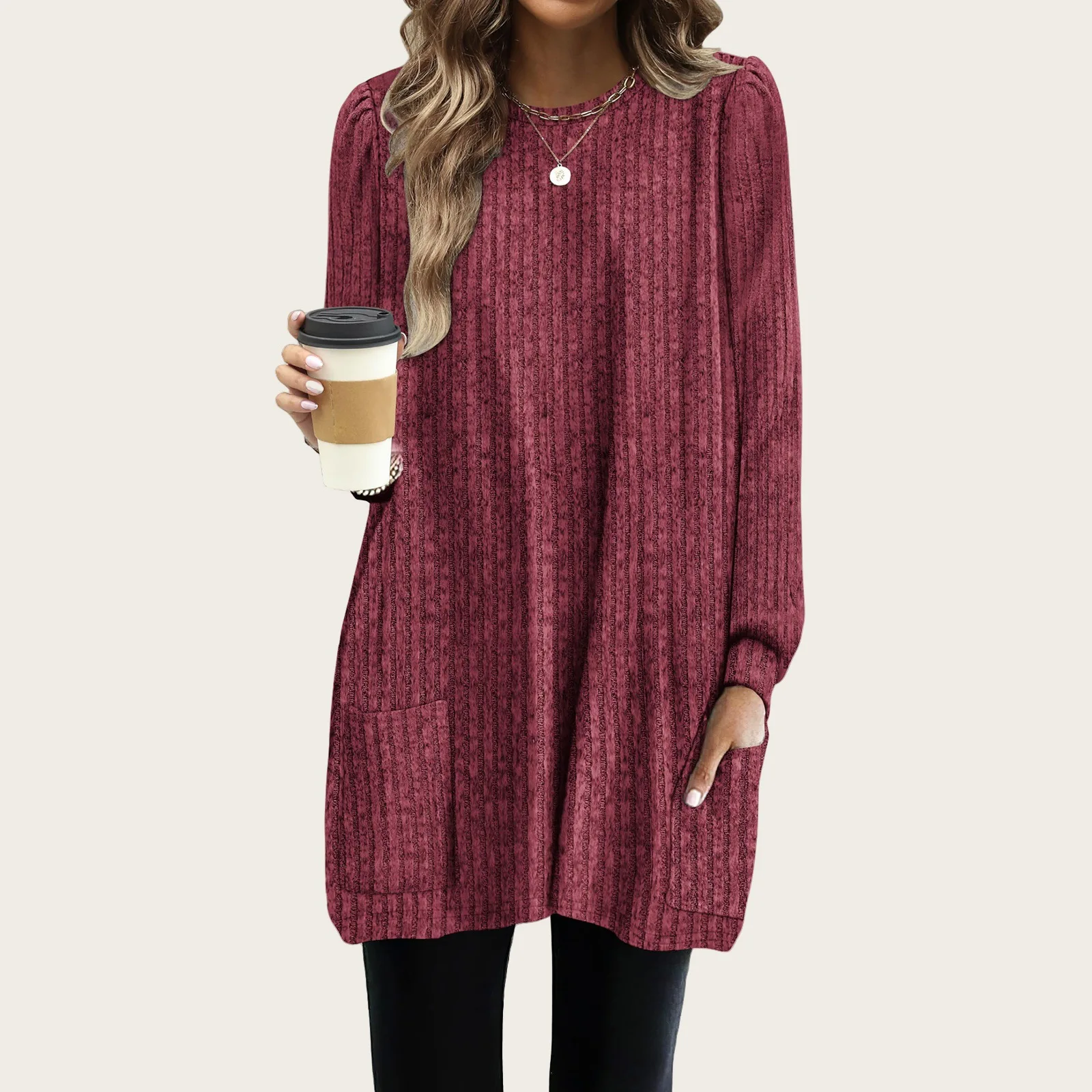 T Shirts For Women Long Sleeve Crew Neck Pullover Casual Solid Tunic Tops With Pockets Casual Loose Clothes Autumn Winter Shirts