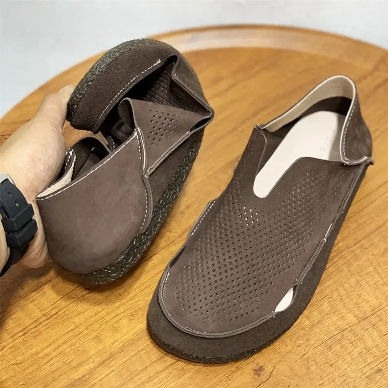 2025 new hollow loafers men's cowhide shoes lightweight genuine leather summer cowhide breathable punched soft leather soft sole