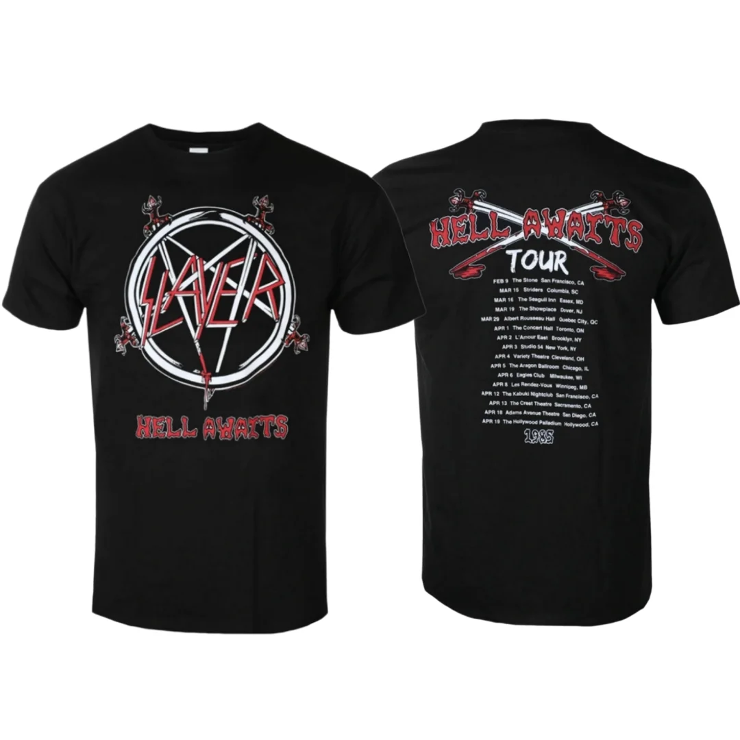 Slayer - Hell Awaits Tour Inspirational Print T-Shirt Casual Street Style Cotton T-Shirt Suitable for Metal Enthusiasts