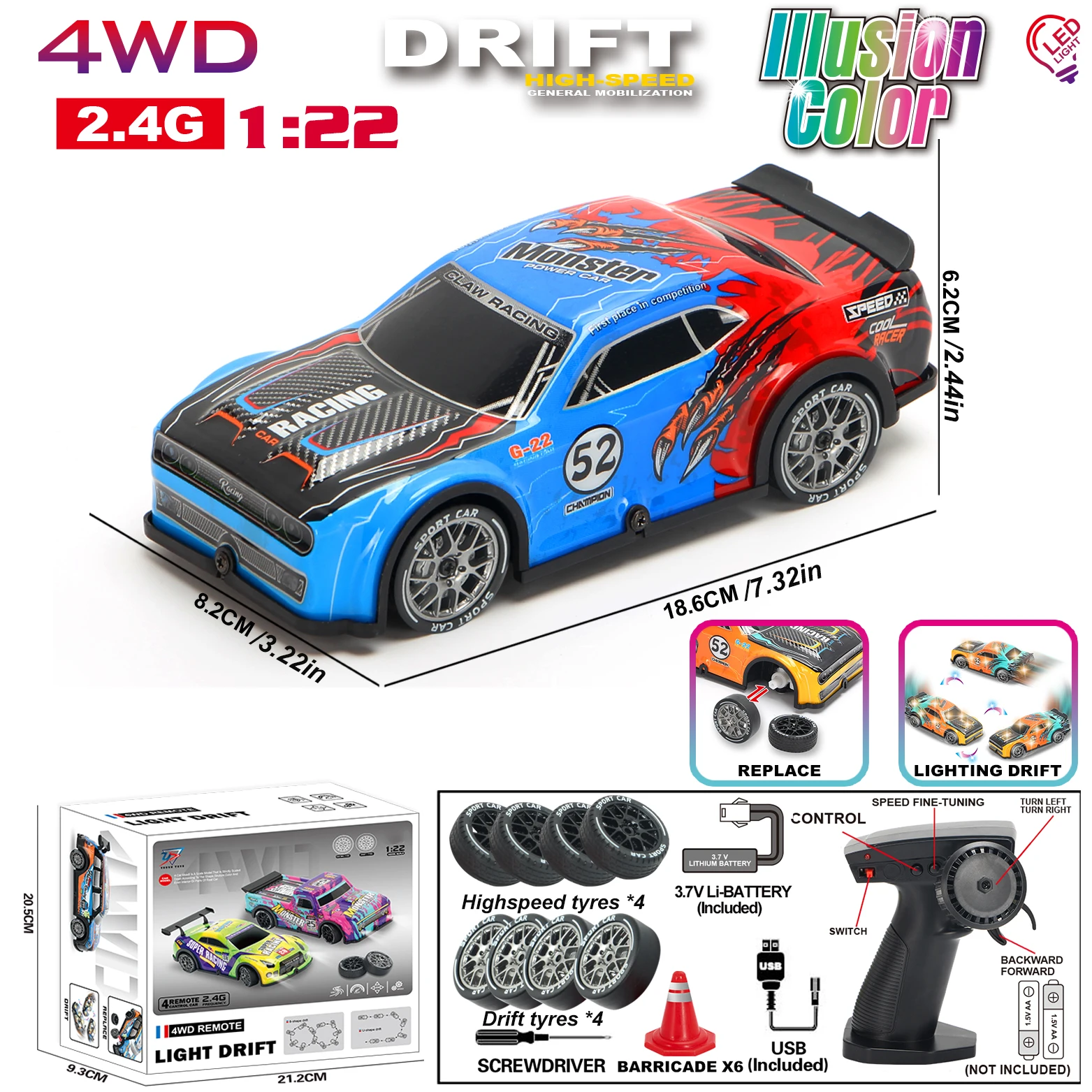 1:22 4WD RC Drift Car telecomando da corsa 2.4G modello da competizione ad alta velocità con 2 set di pneumatici sostituibili regalo di compleanno per ragazzi