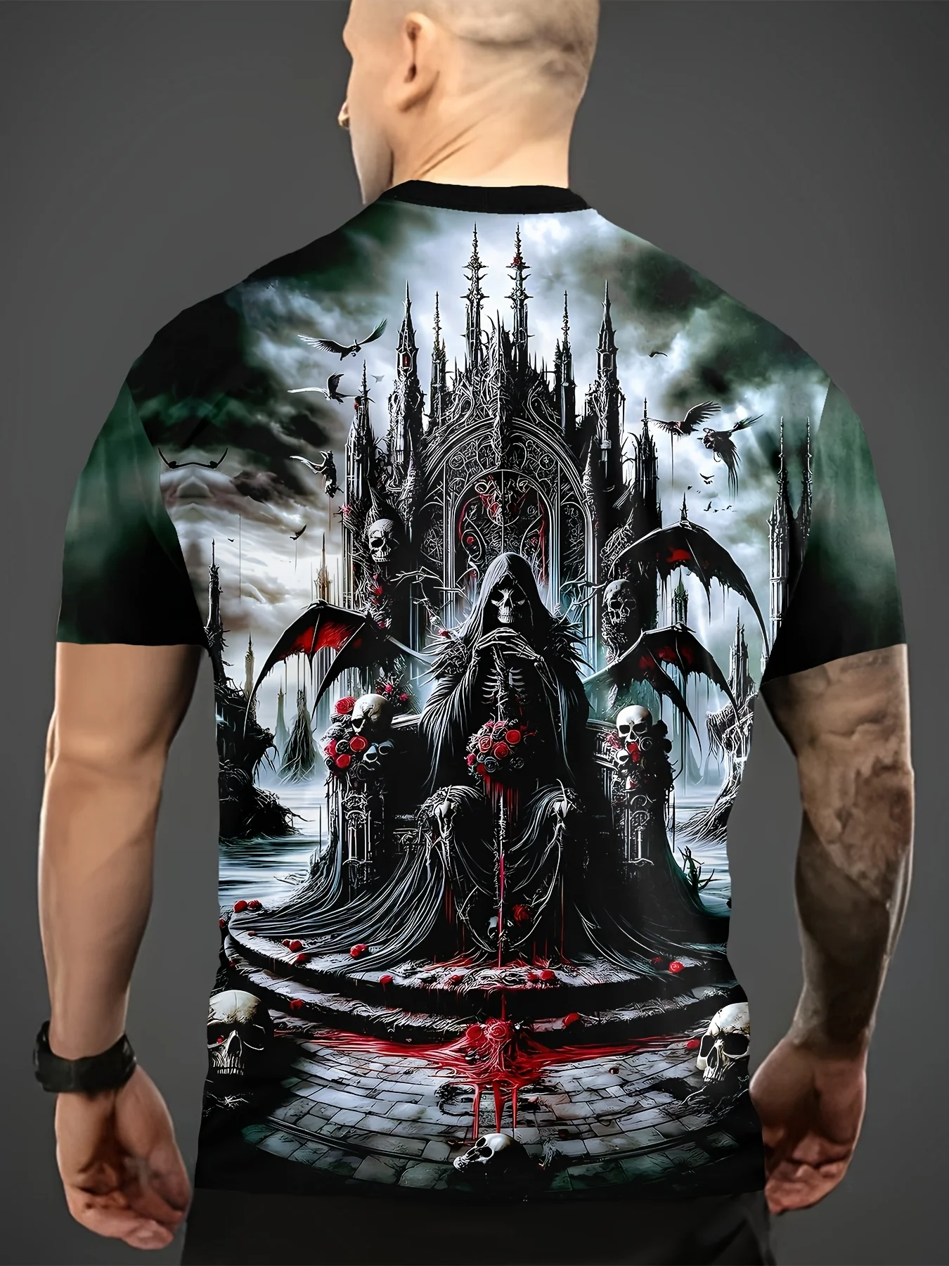Summer Casual Outdoor Sports Short-sleeved T-shirt with 3D Skull Throne Print, Suitable for Outdoor Activities and Home Leisure
