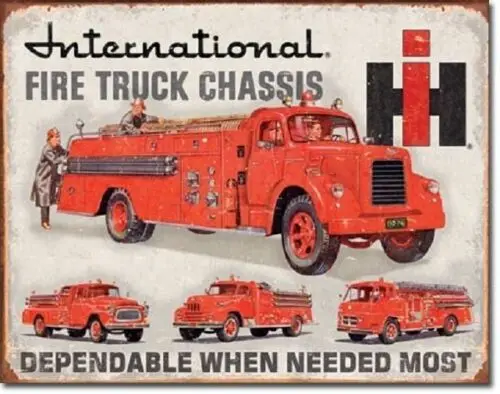 International Fire Truck Chassis Service Garage Disstressed Retro Metal Tin Sign